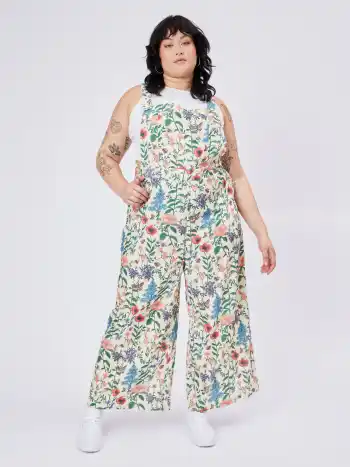 Lightweight Corduroy Floral Pocket Wide Leg Jumpsuit Curve & Plus