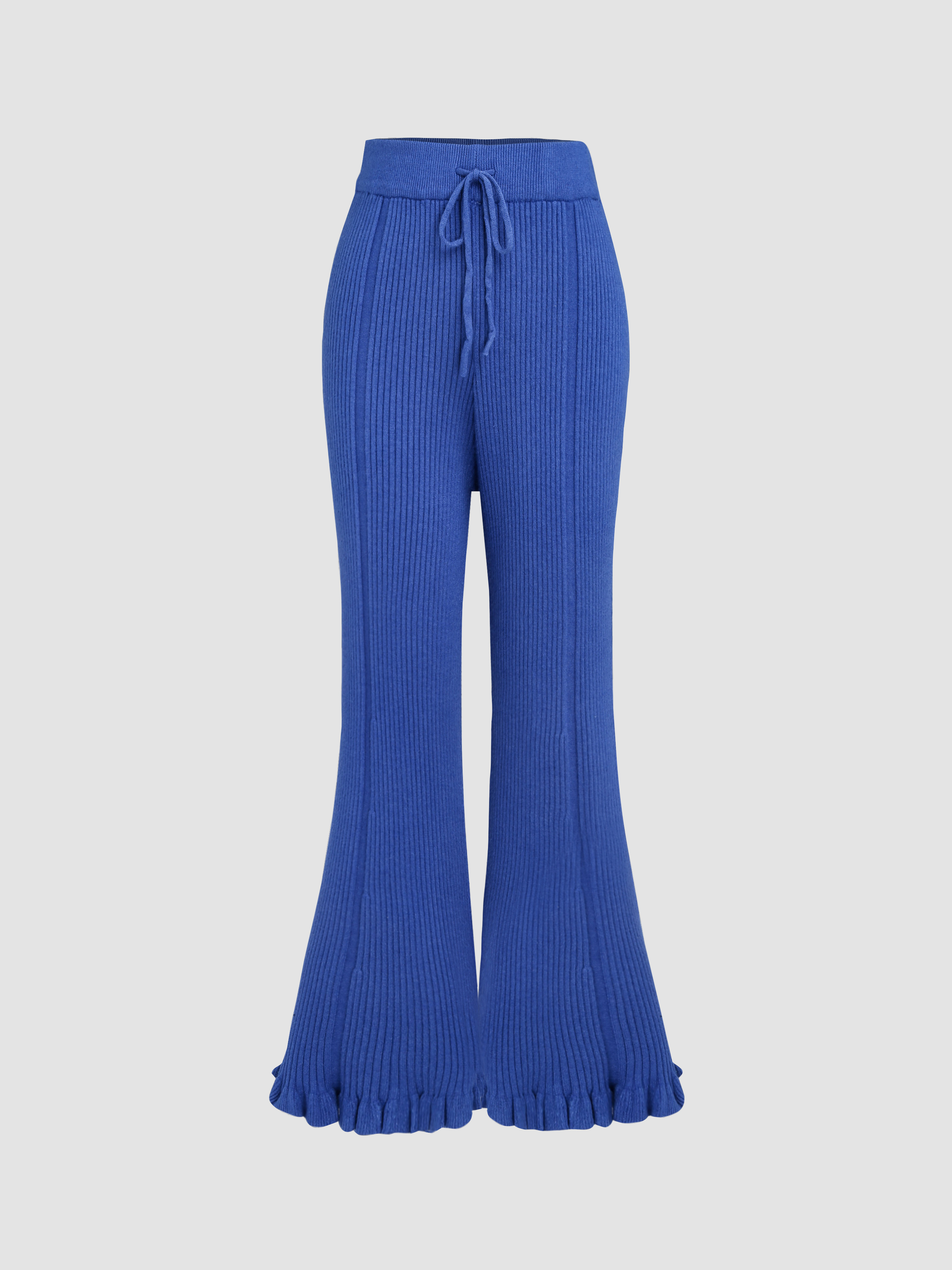 Solid Knitted Ruffle Trim Flared Trousers Cider