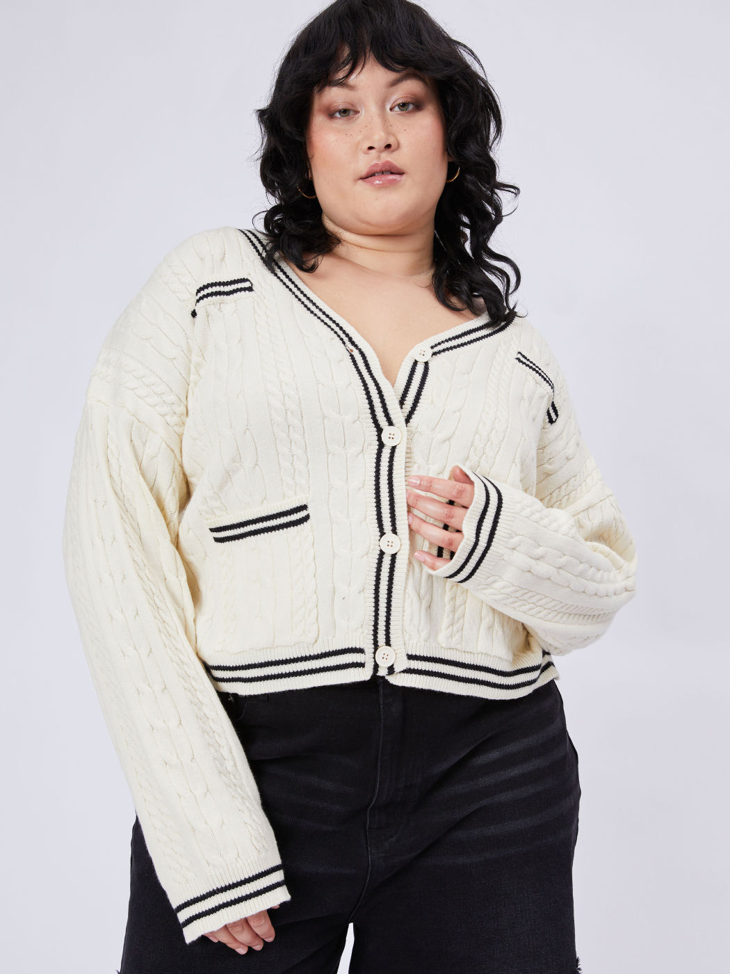 Cable Knit Contrast Trim Cardigan Curve & Plus For School Coffee Shop Work