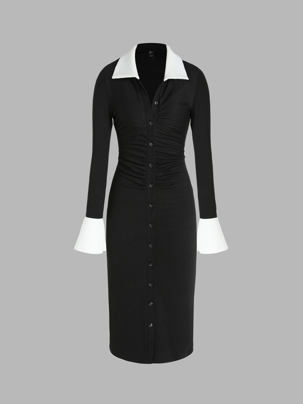 Vestido Midi Fruncido con Botones y Cuello Contraste de Jersey