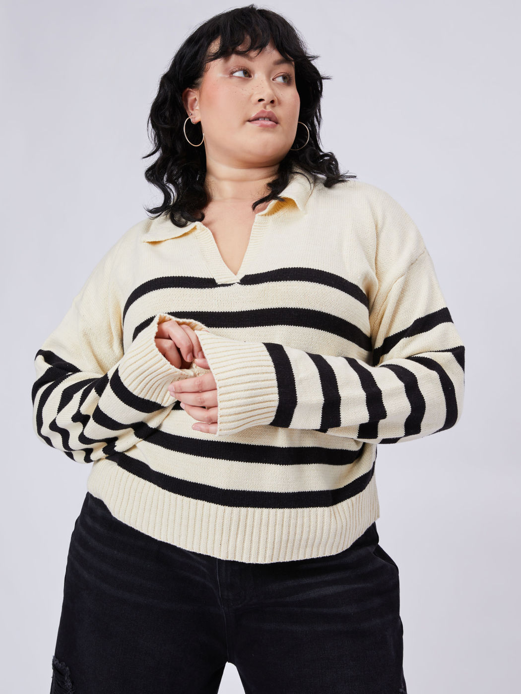 Curve & Plus Stripe Collar Knit Polo Top For School Daily Casual Date Exhibition Coffee Shop Home
