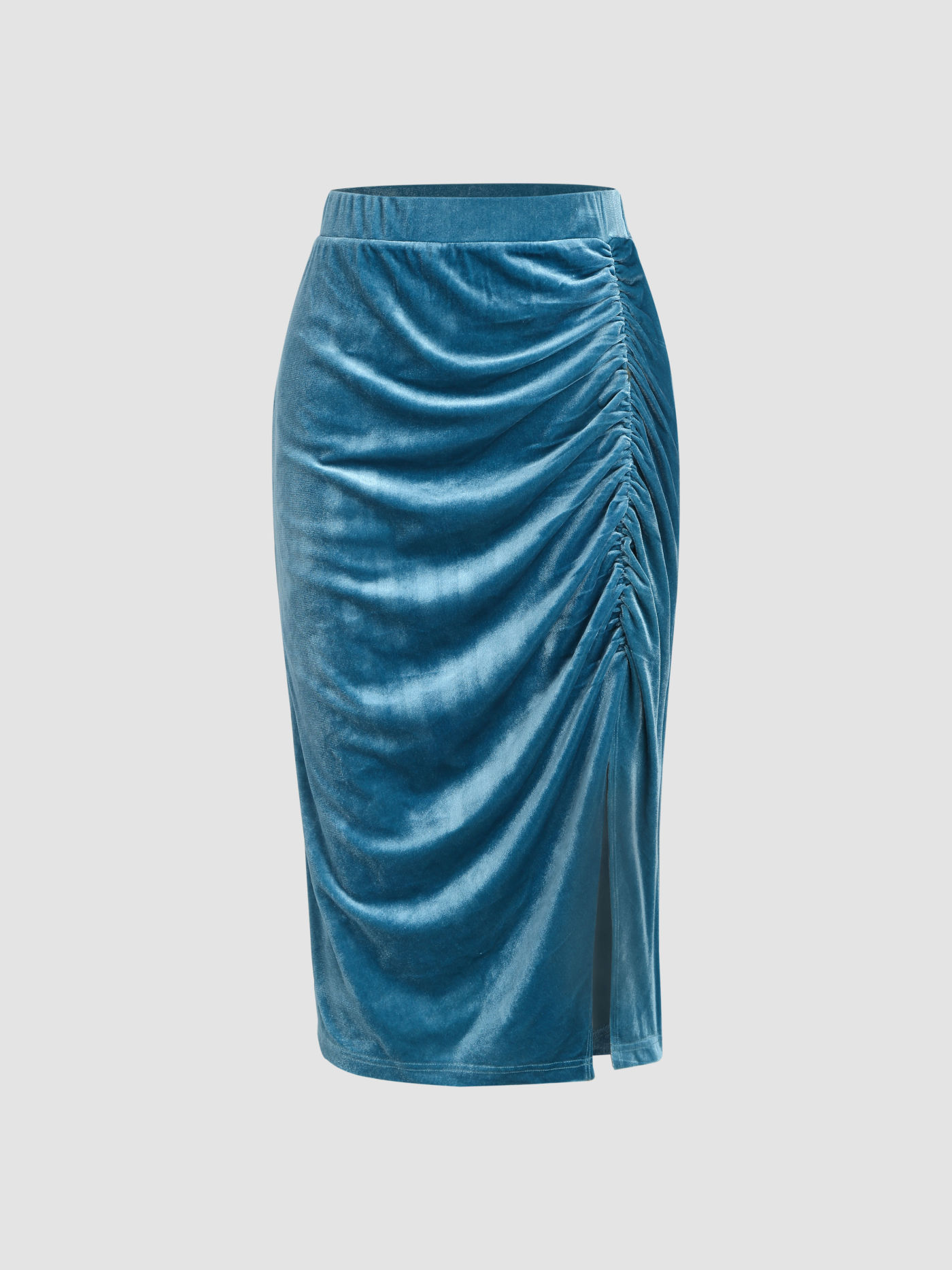 Velvet Ruched Split Midi Skirt