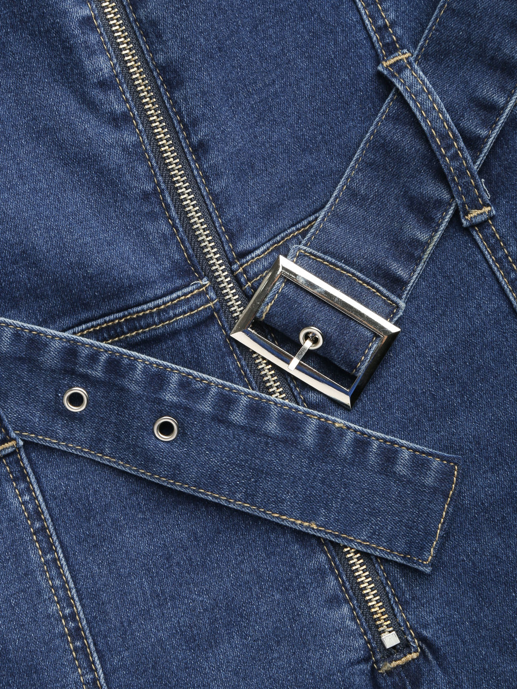 Denim Stitch Zip Up Belted Flared Jumpsuit For School Exhibition