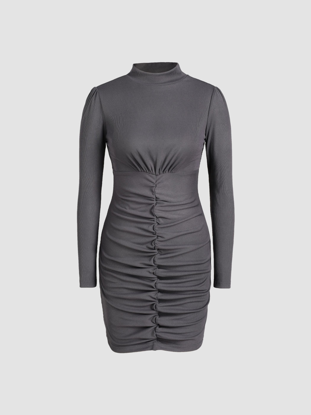 Geripptes, hochgeschlossenes, figurbetontes kurzes Kleid mit Rüschen