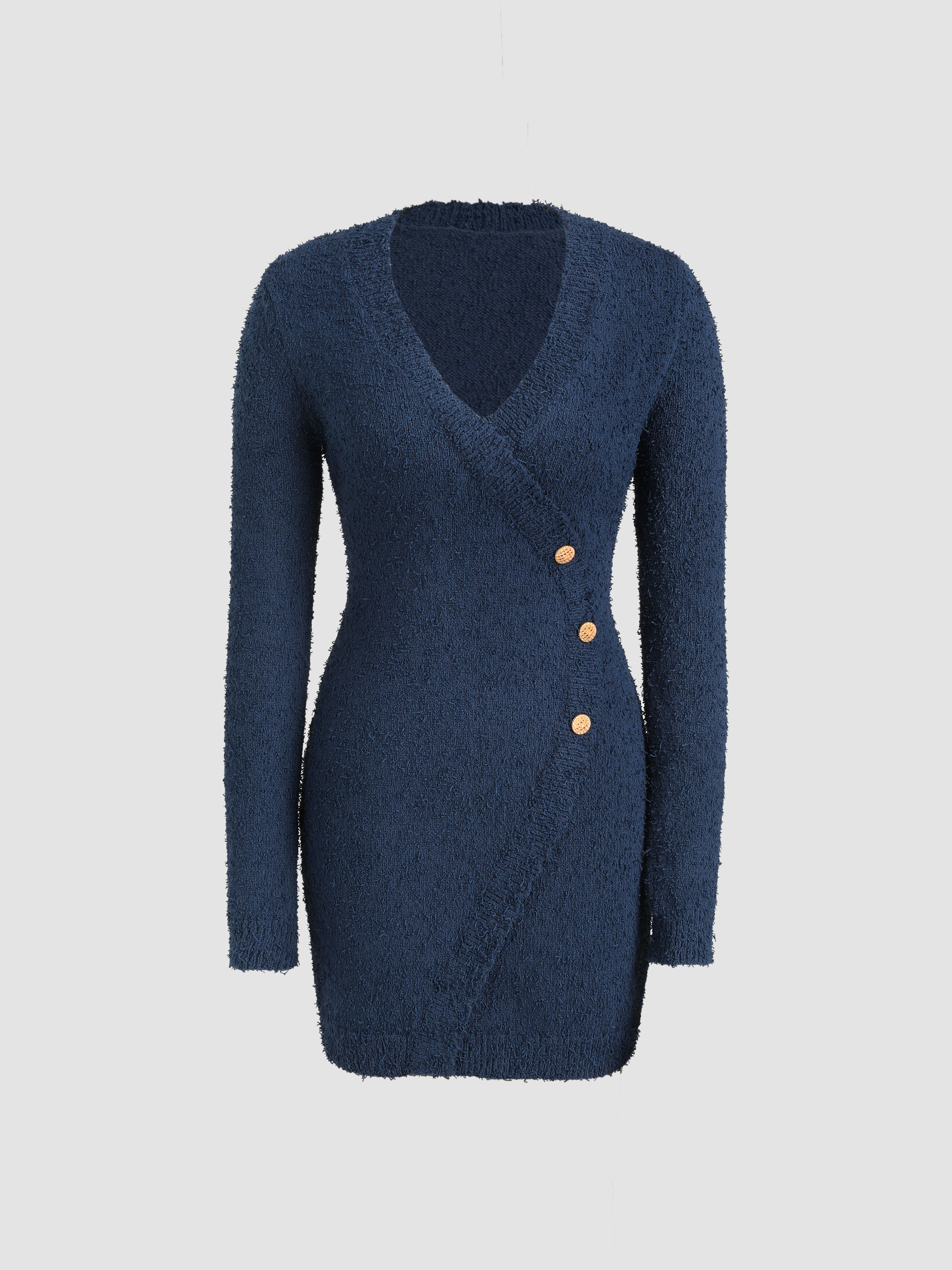 V Neck Long Sleeve Knit Short Dress For Work 