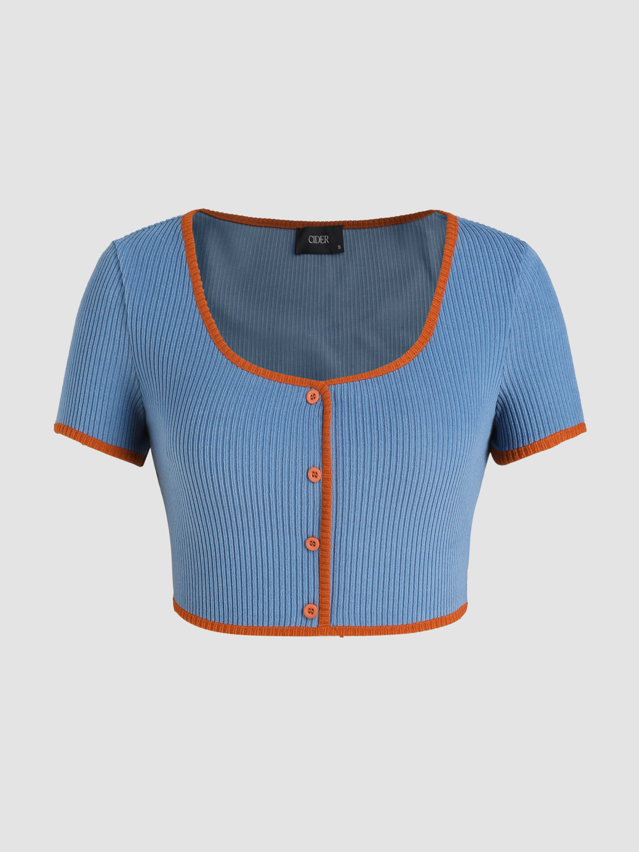 Contrasting Button Up Scoop Neckline Crop Top Cider