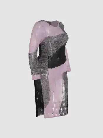 Wool-blend Patchwork Knit Ripped Midi Dress Curve & Plus