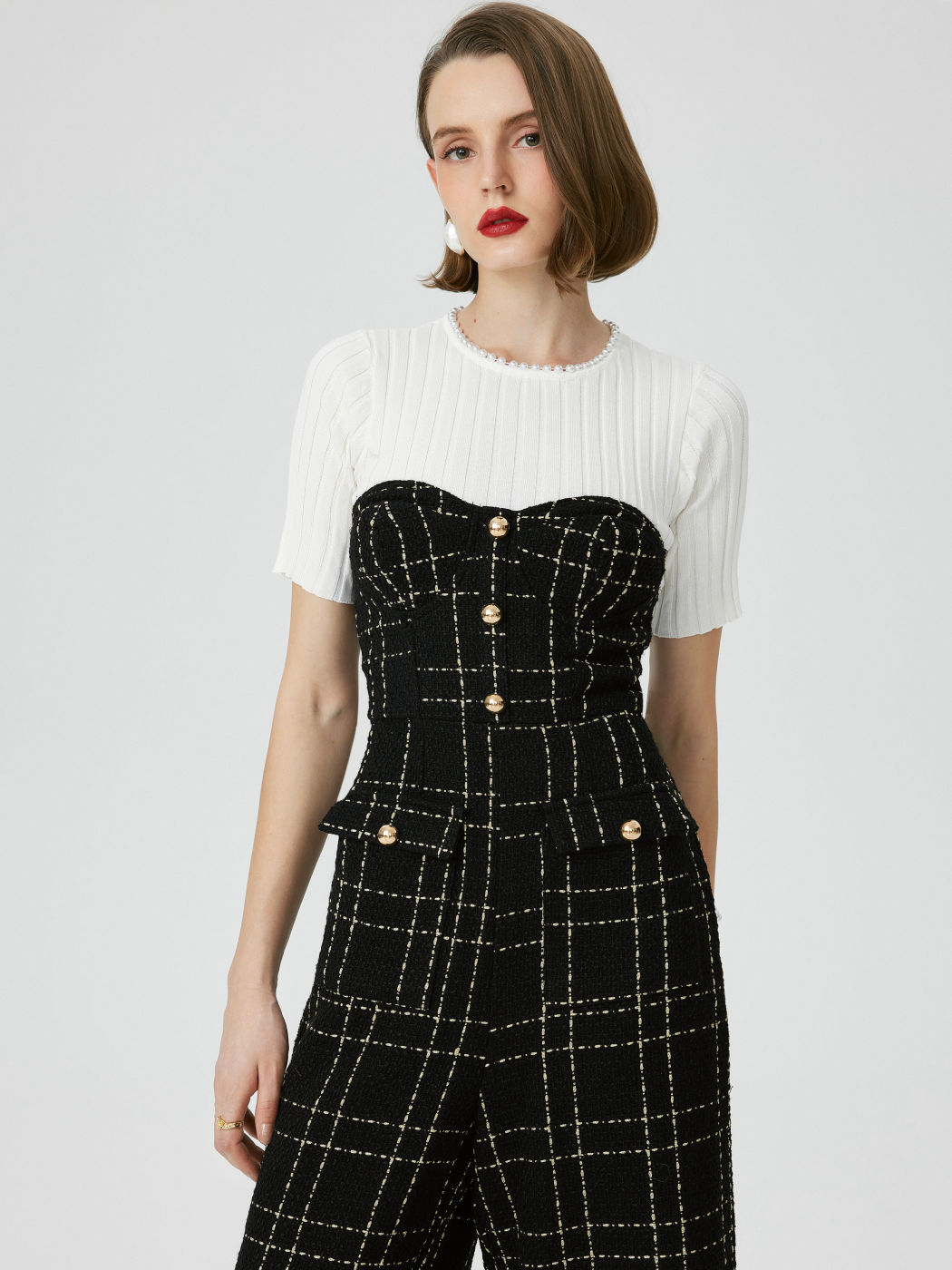 Tweed Karierter, trägerloser, geknöpfter Jumpsuit mit geradem Bein