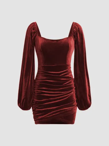 Solid Velvet Scoop Neckline Mini Dress
