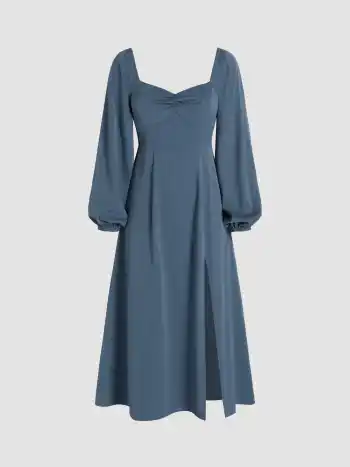 Einfarbiges geriffeltes Langarm-Midi-Dress mit Schlitz