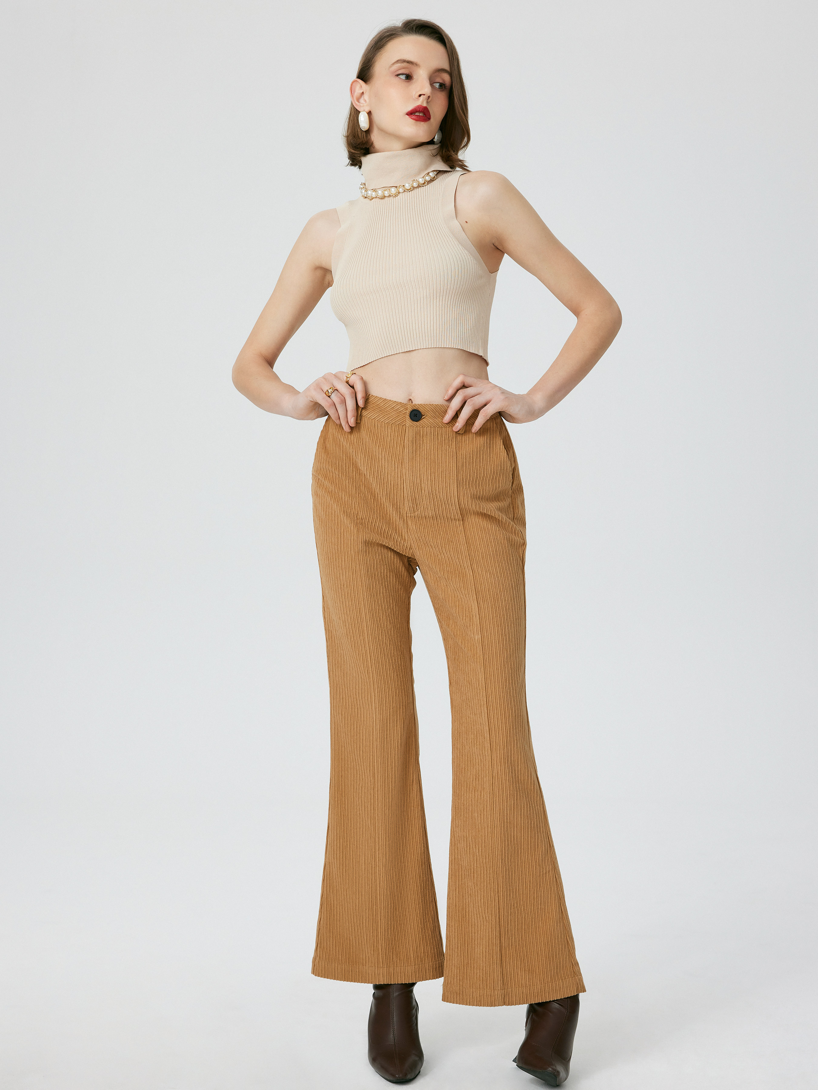 Brown Corduroy Flared Trousers - Cider