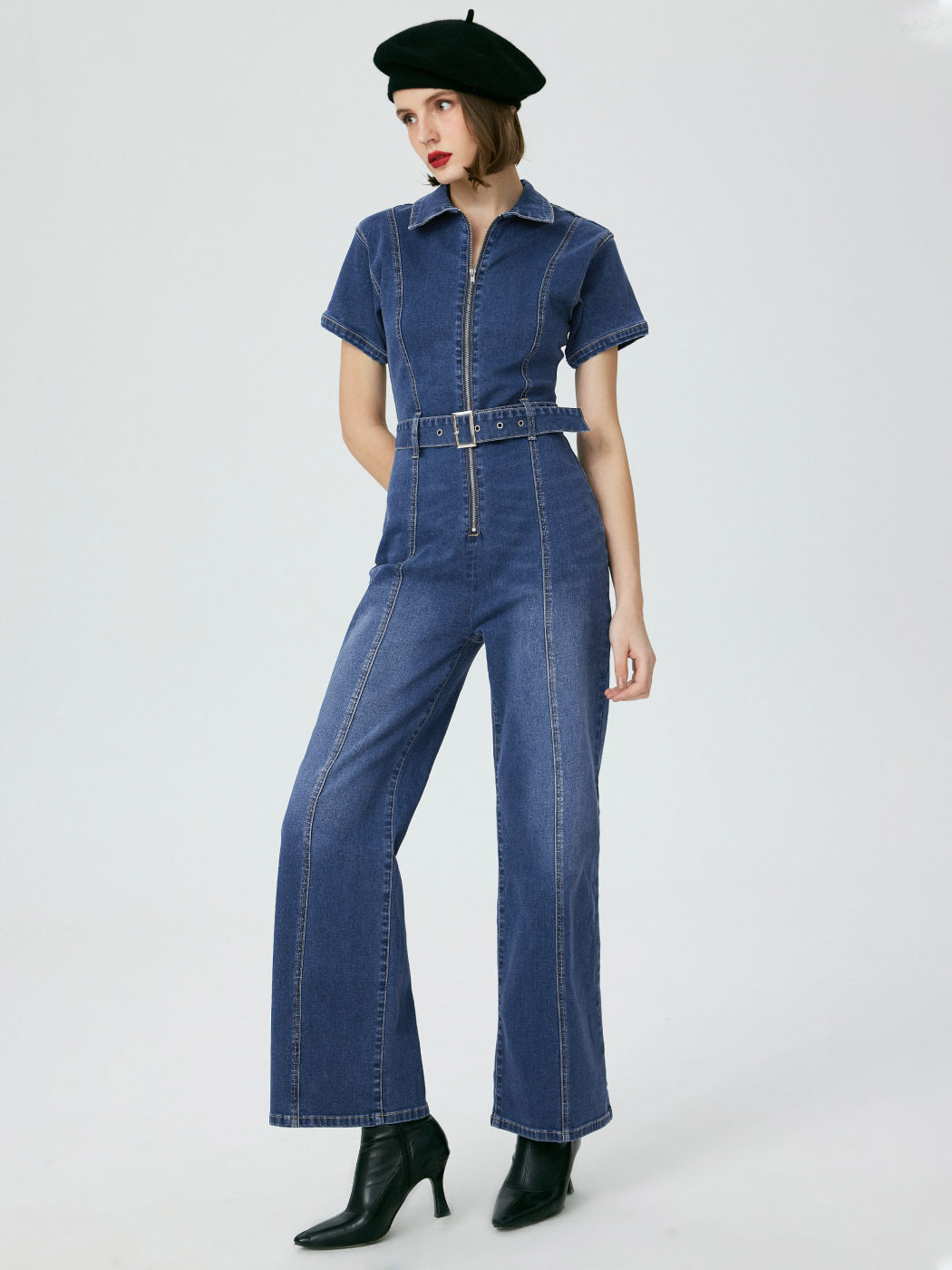Denim Stitch Zip Up Belted Flared Jumpsuit Cider
