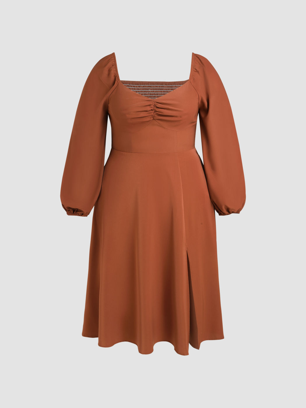 Curve & Plus Solid Ruched Long Sleeve Split Midi Dress For School Date Work