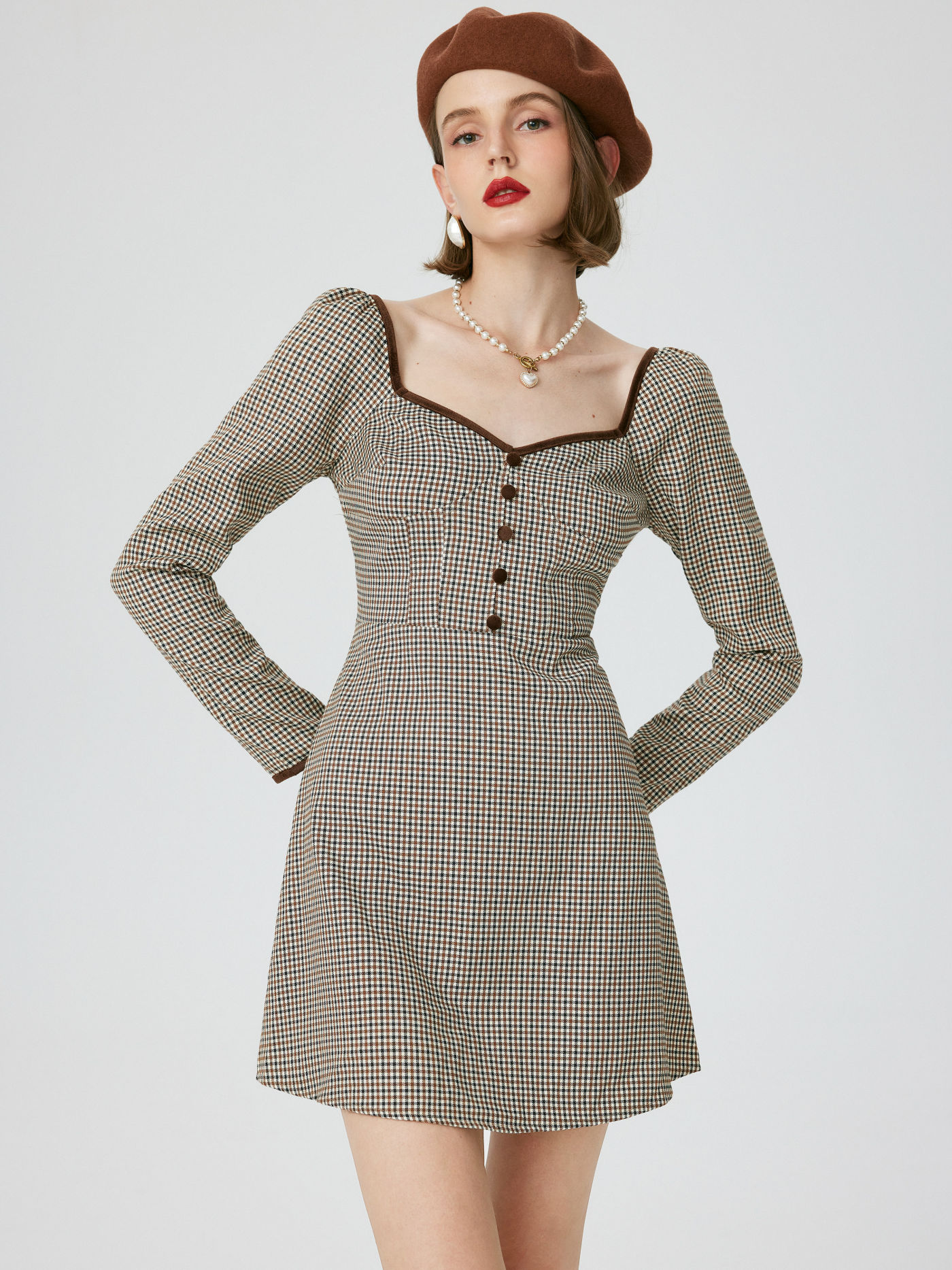 Robe Mini en Tweed à Carreaux avec Corset et Mini Boules