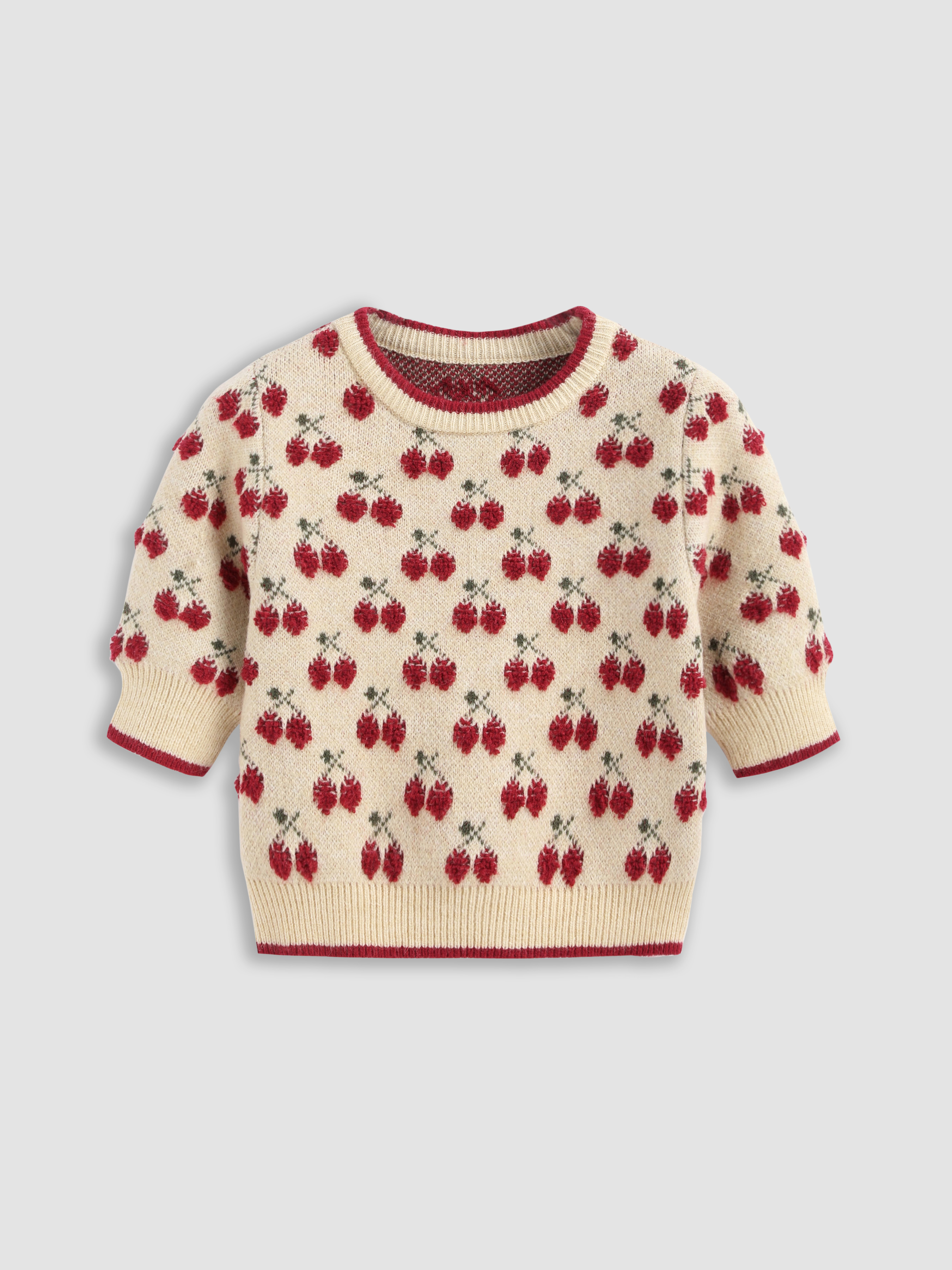 Contrasting Binding Cherry Pattern Knitted Crop Top