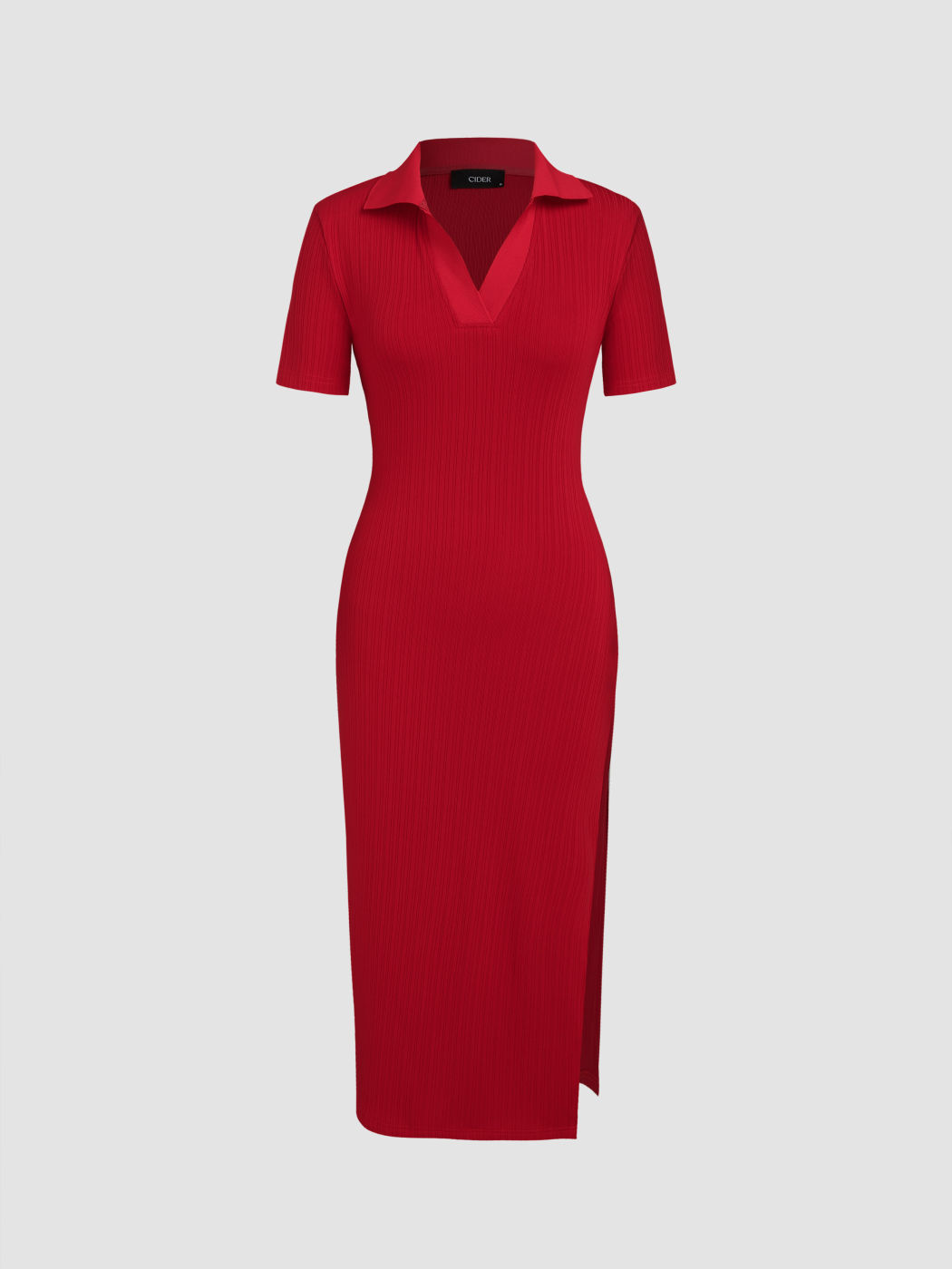 Solid Polo Split Knitted Midi Dress