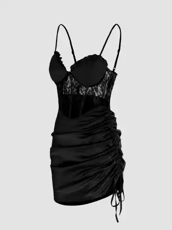 Solid Lace Corset Drawstring Cami Short Dress