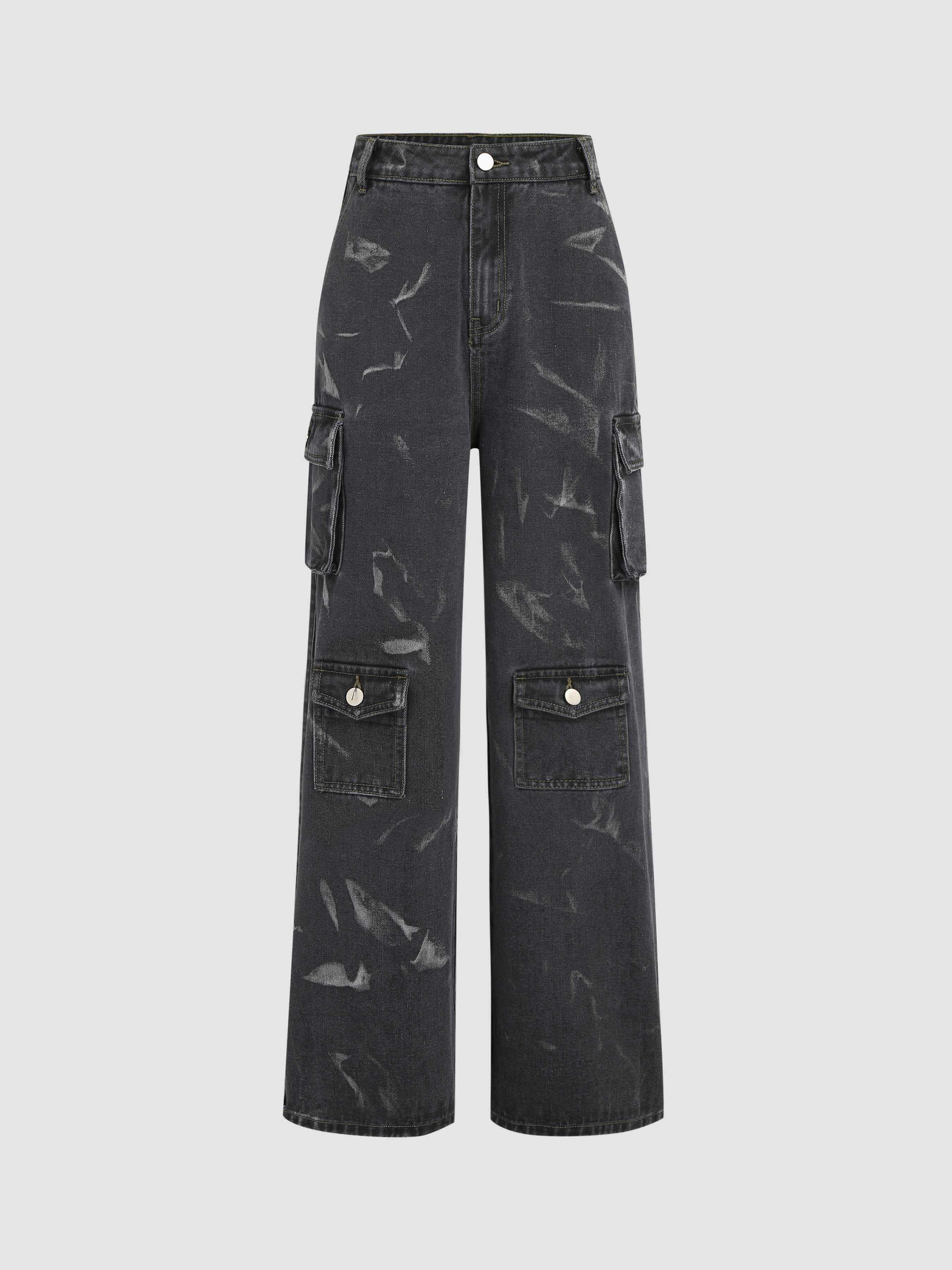 Denim Graphic Pocket Wide Leg Cargo Jeans Cider