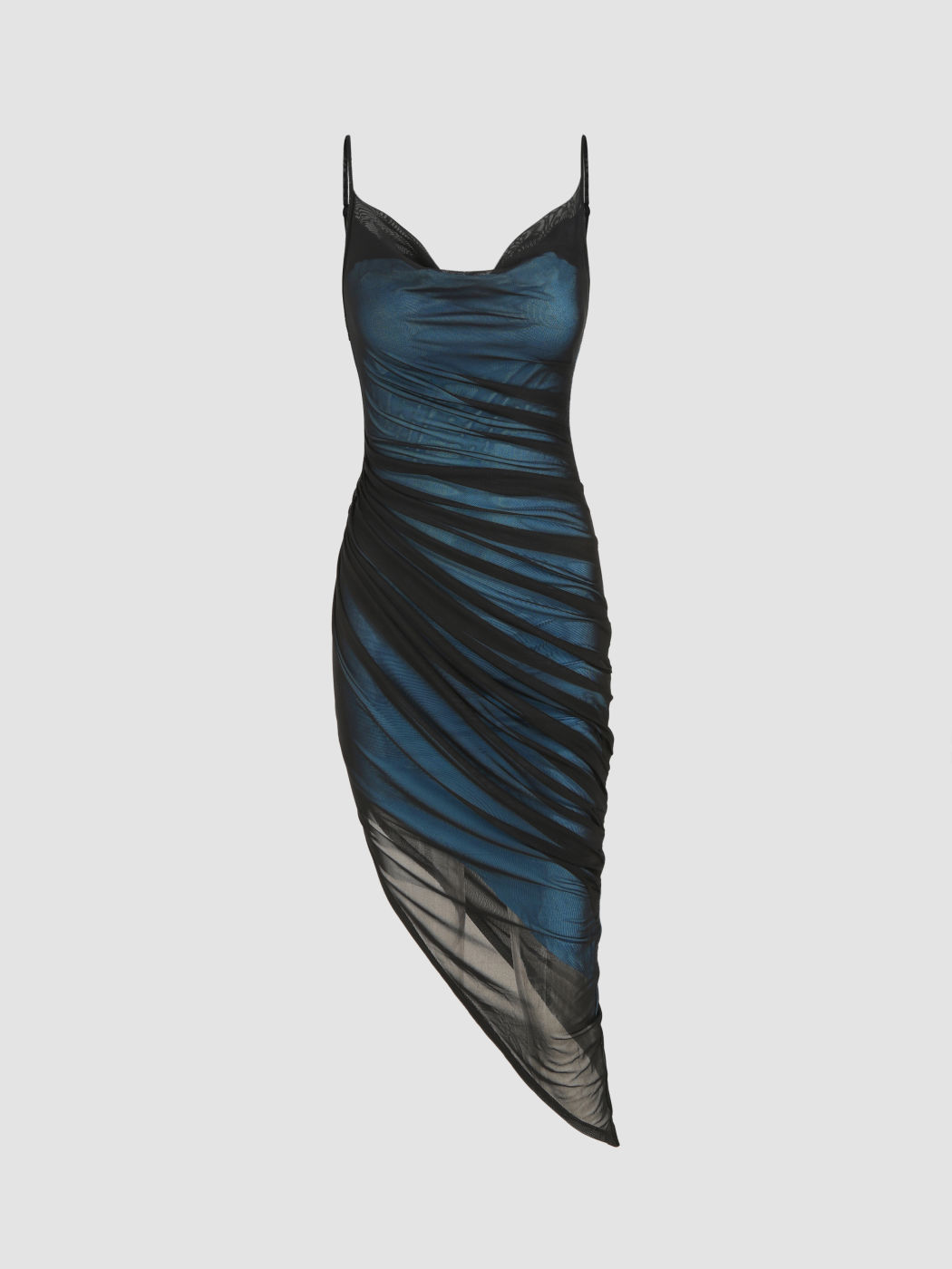 Mesh Cowl Neck Ruched Maxi Dress