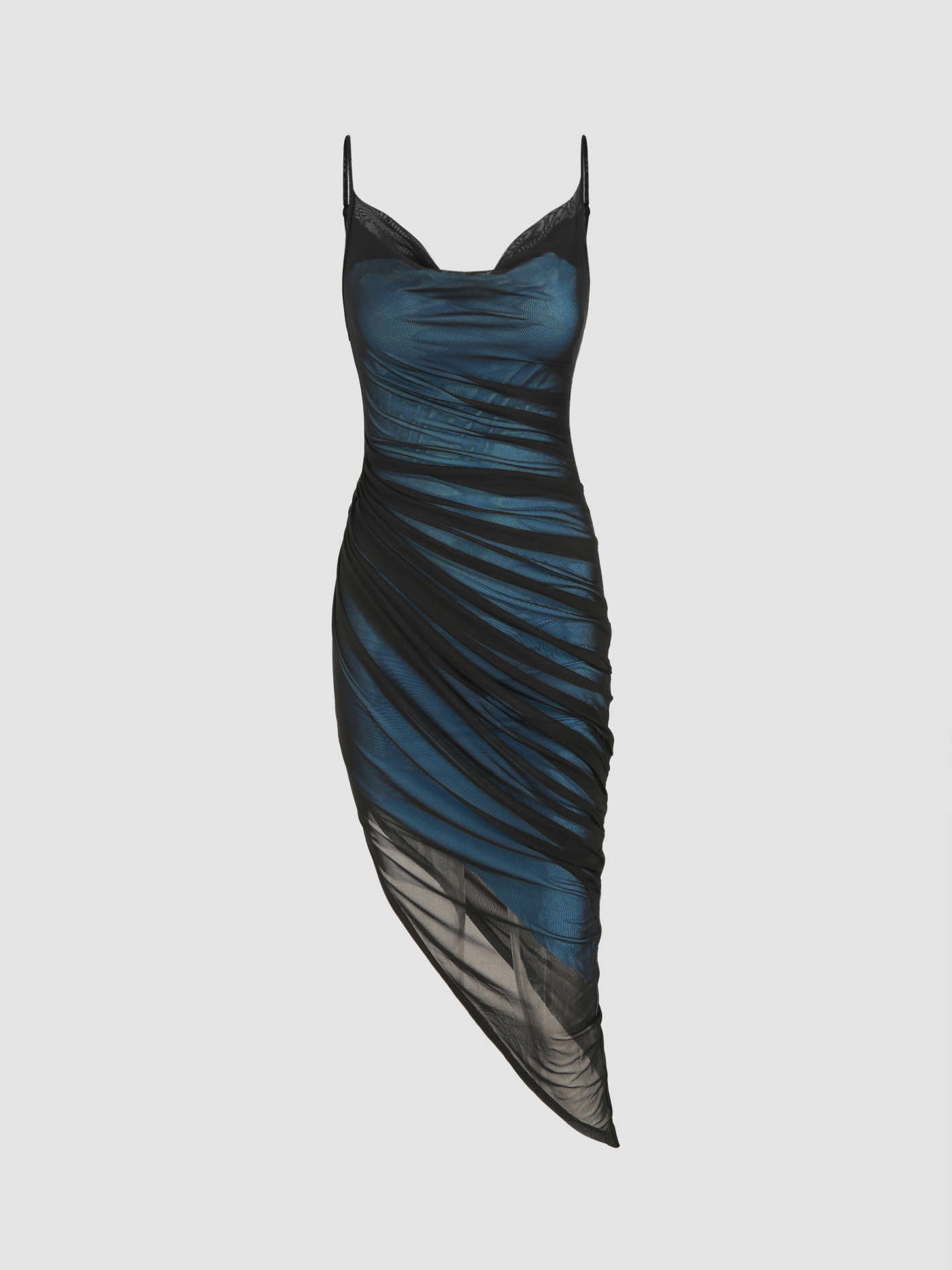 Mesh Cowl Neck Ruched Maxi Dress