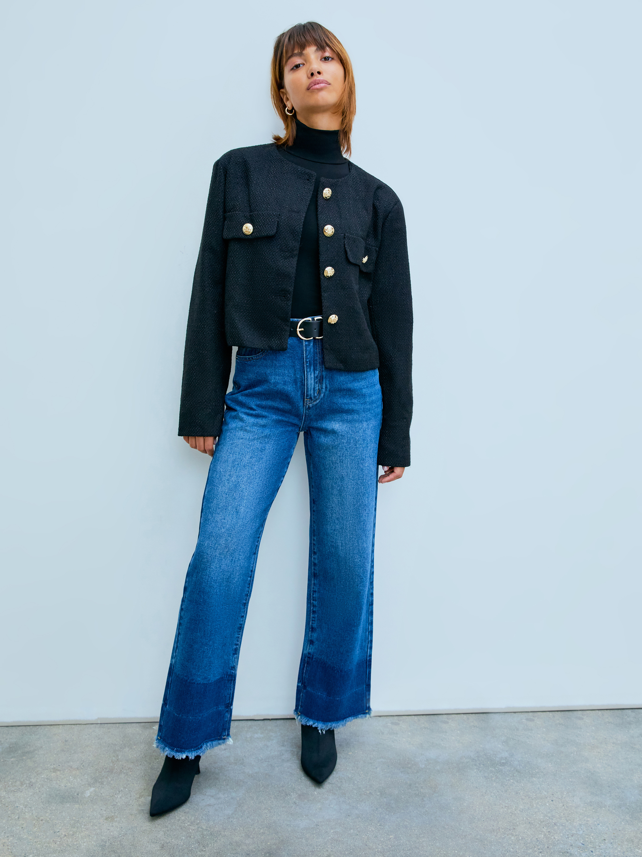 Tweed Tweed Button Crew Neck Crop Jacket For Date Exhibition
