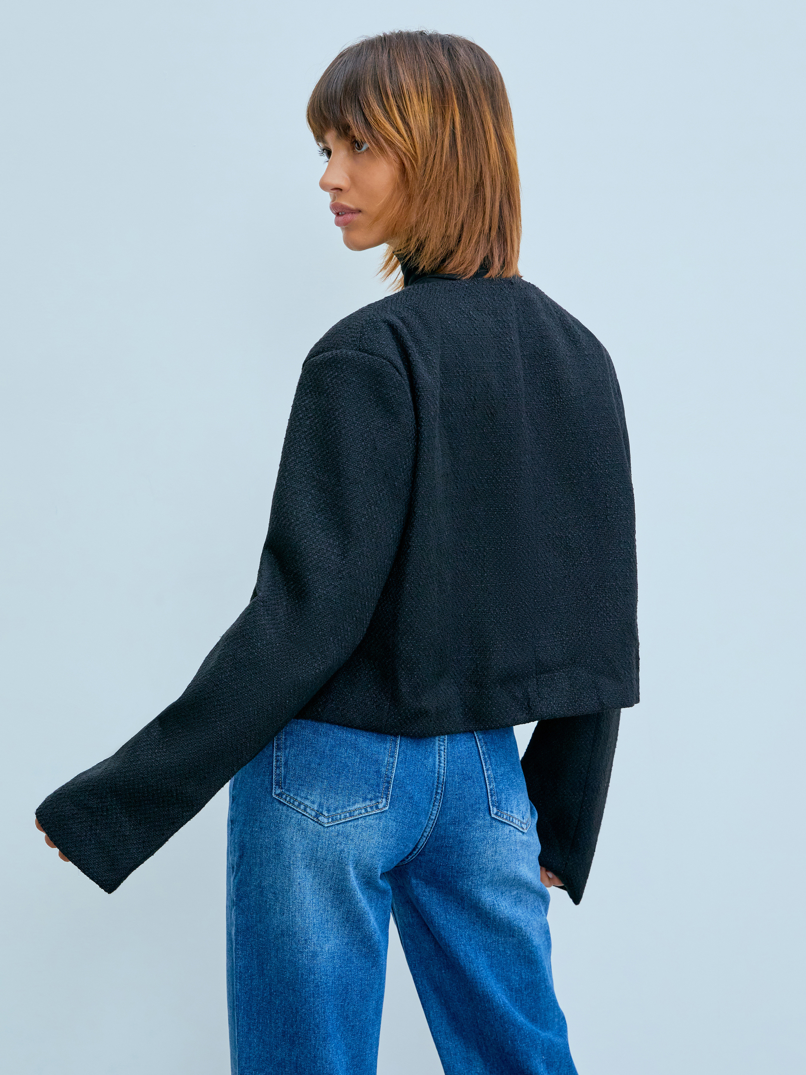 Tweed Tweed Button Crew Neck Crop Jacket For Date Exhibition