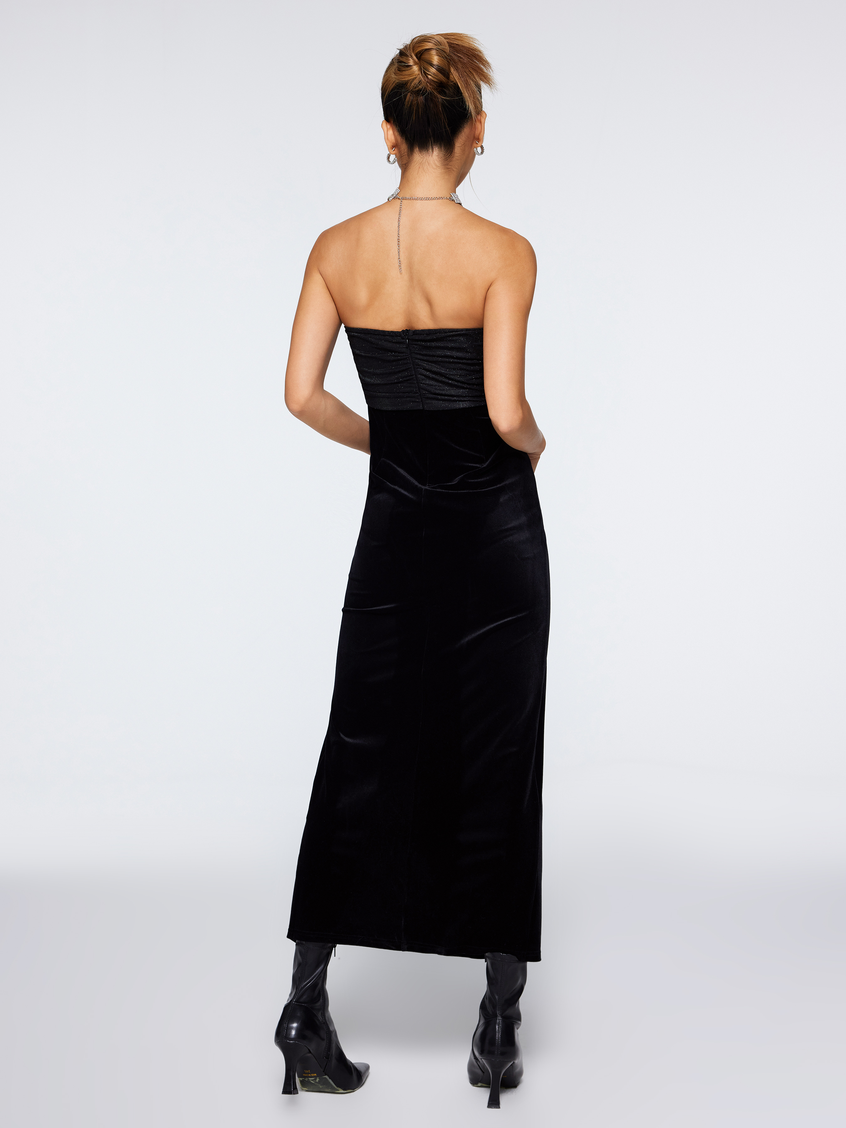 Velvet Strapless Slit Maxi Dress - Cider