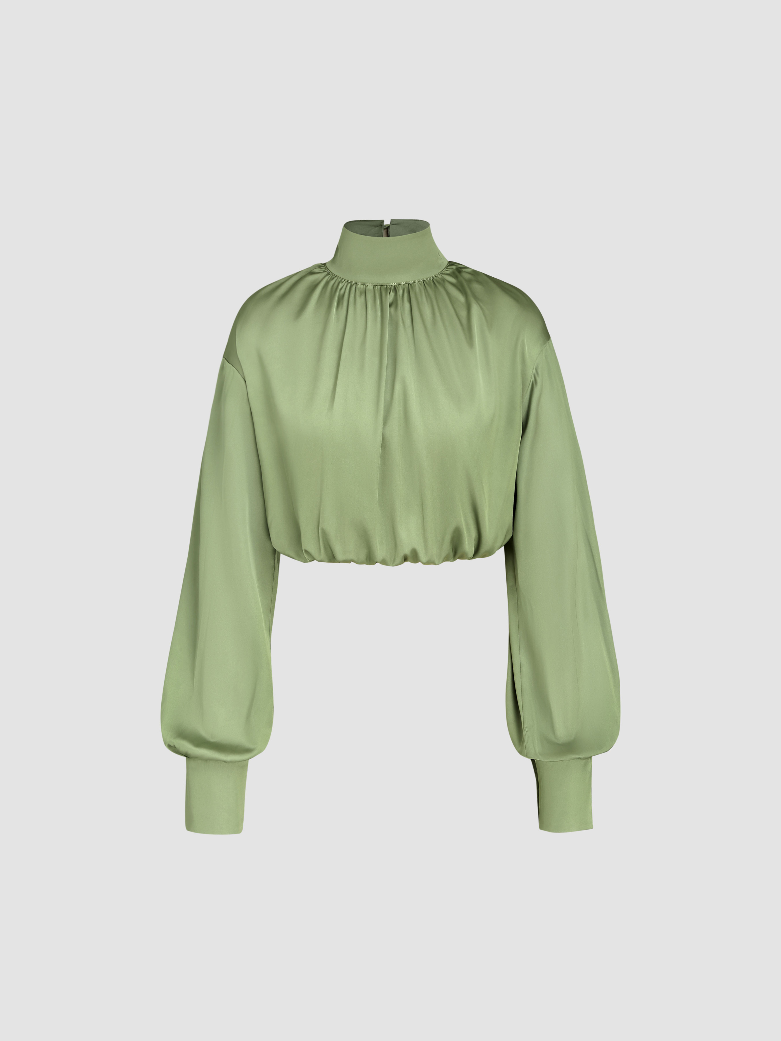 Satin Solid Ruched Long Sleeve Crop Blouse - Cider