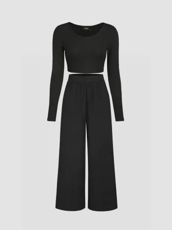 Solid Knitted Crop Top &  Wide Leg Trousers Set