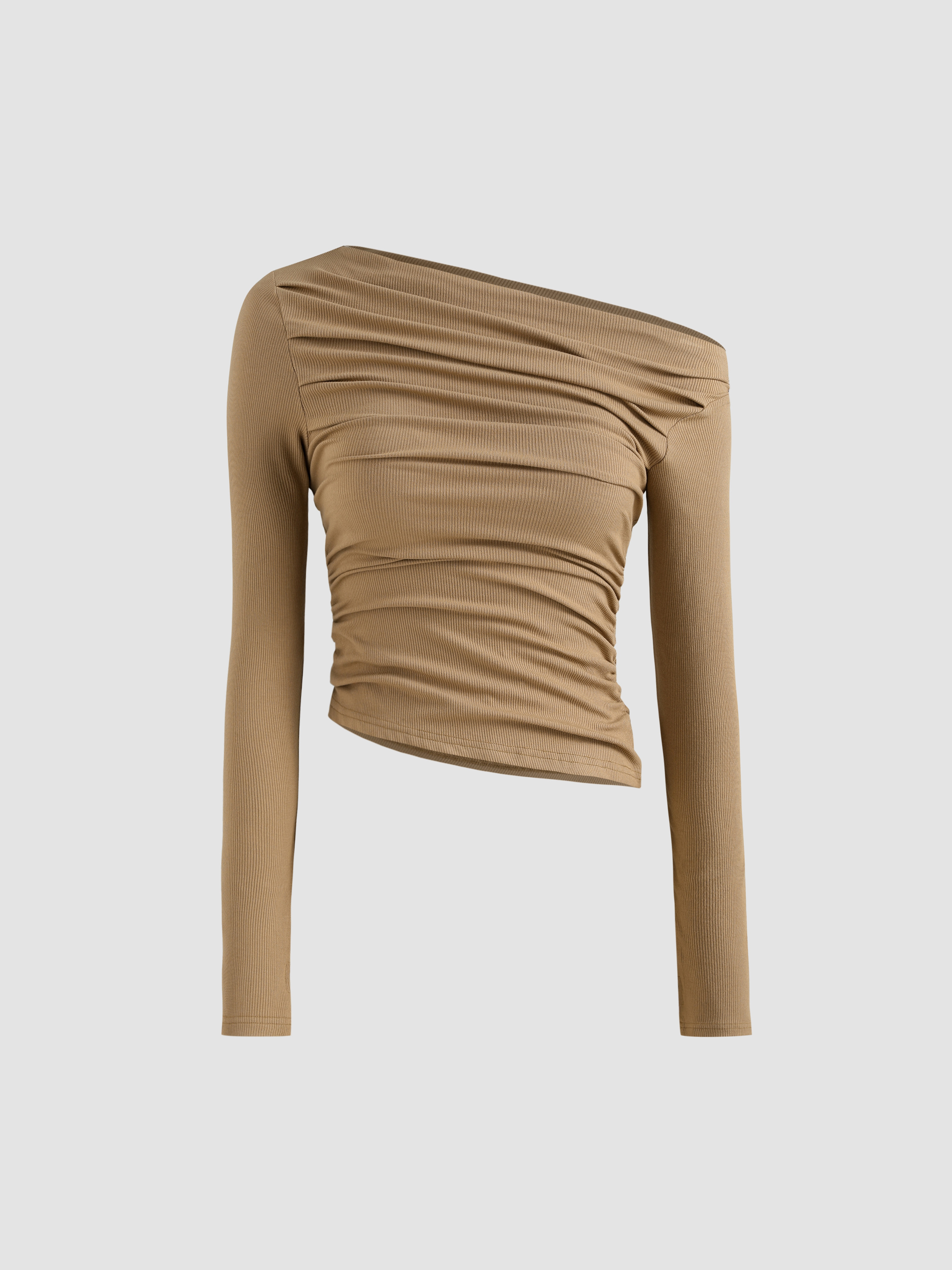 Solid Asymmetrical Neck Long Sleeve Top - Cider