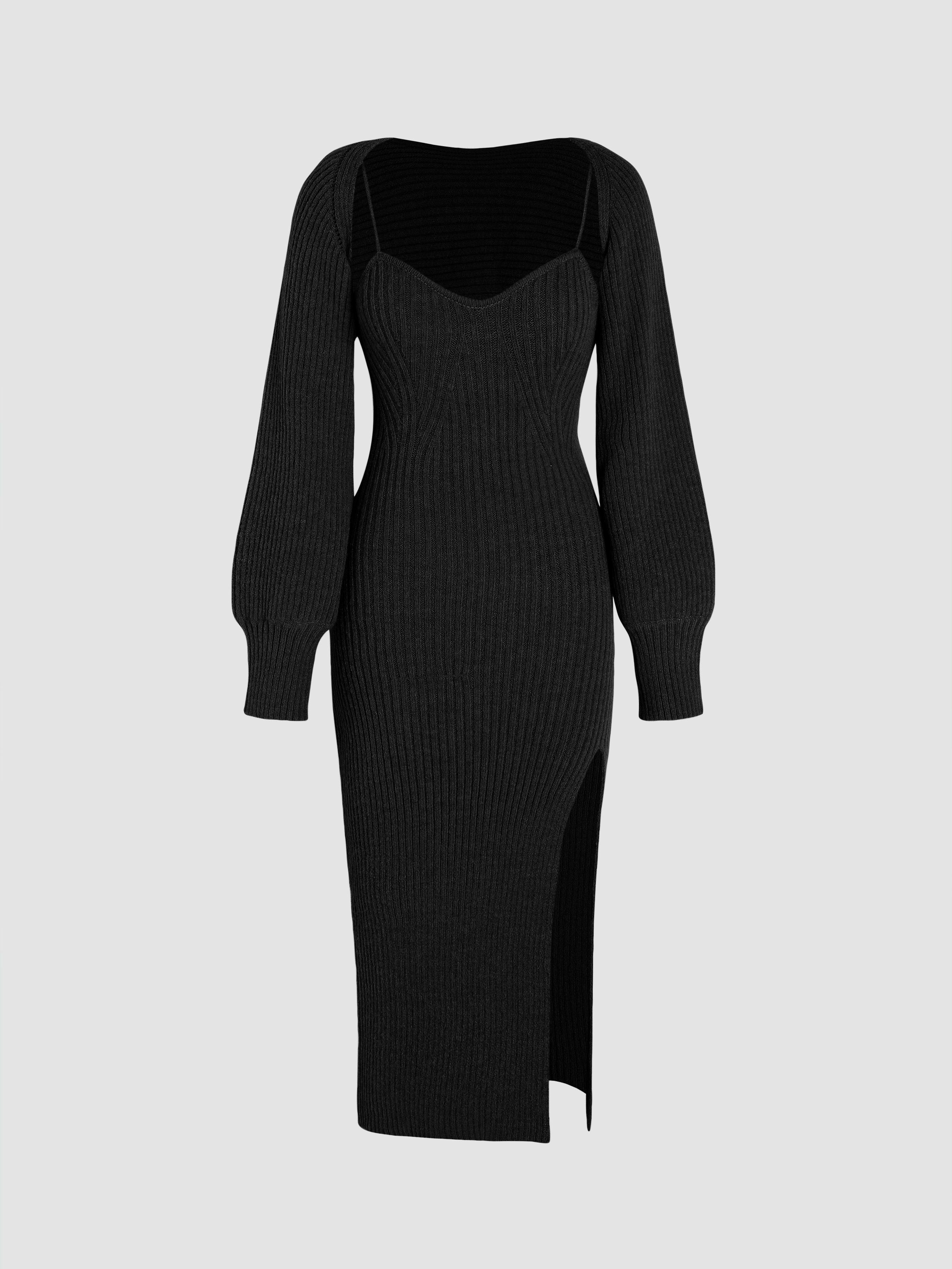 Solid Knitted Cami Split Midi Dress & Crop Top - Cider