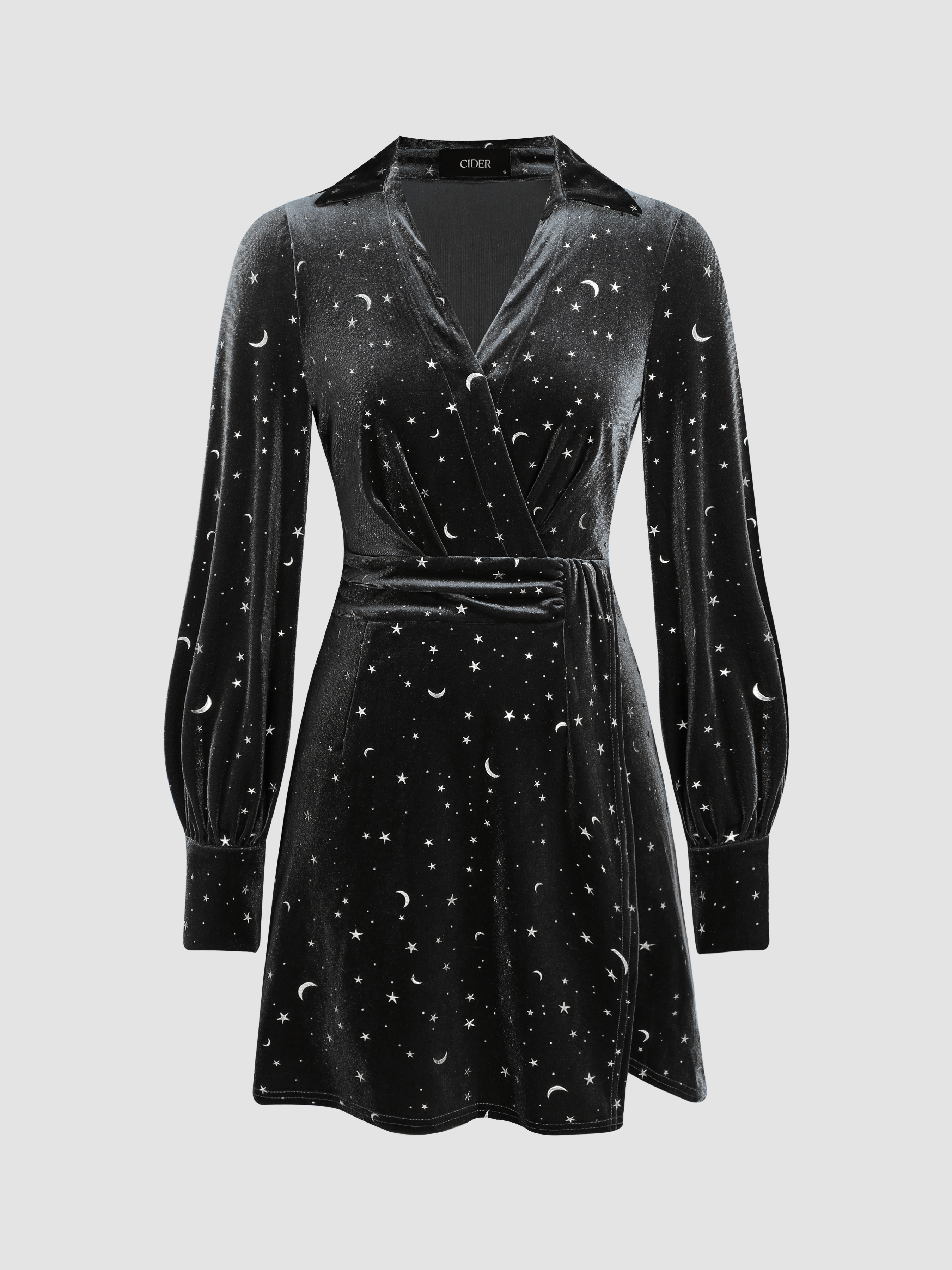 Velvet Star Pattern Bell Sleeve Short Dress - Cider