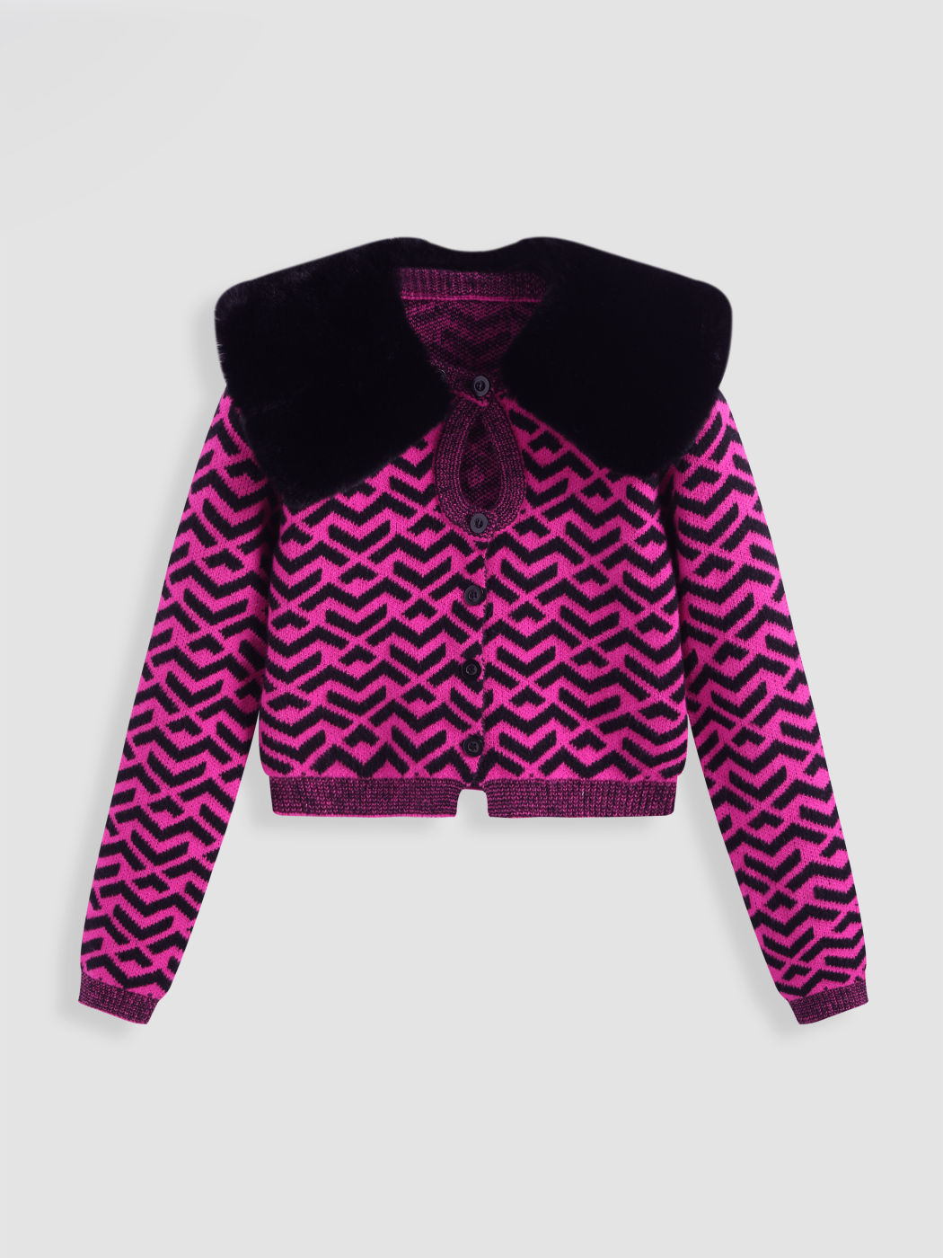Faux Fur Collar Chevron Knit Cardigan
