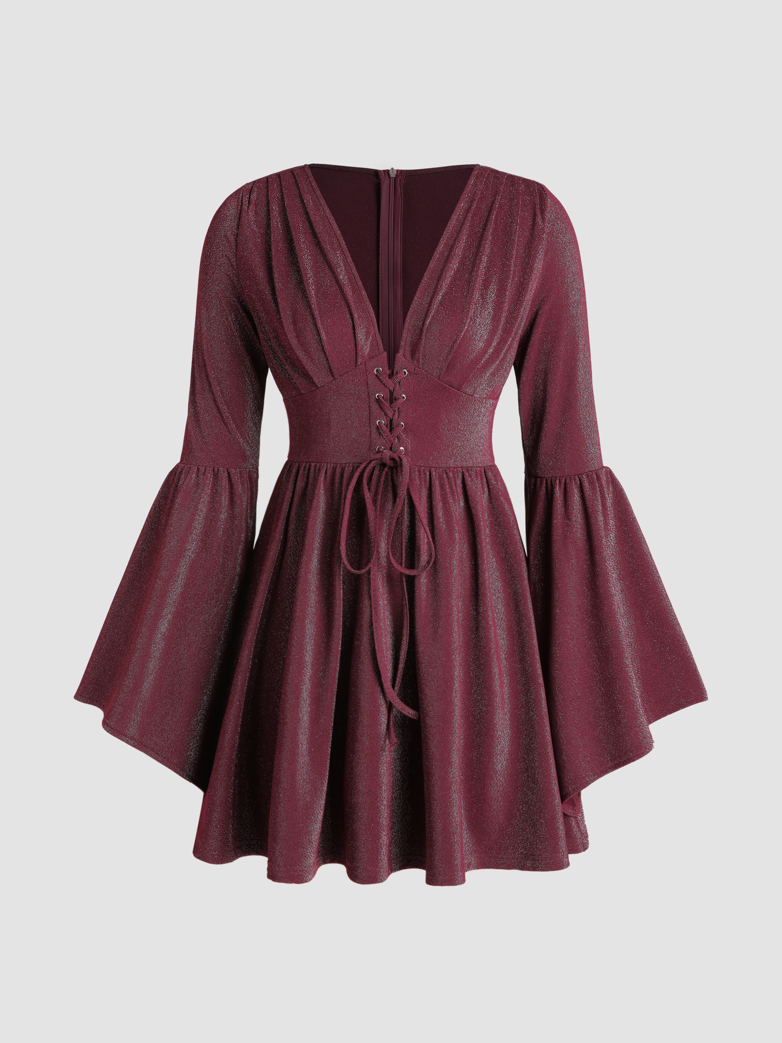 Knit Fabric Solid V-neck Glitter Lace Up Ruffle Bell Sleeve Mini Dress ...