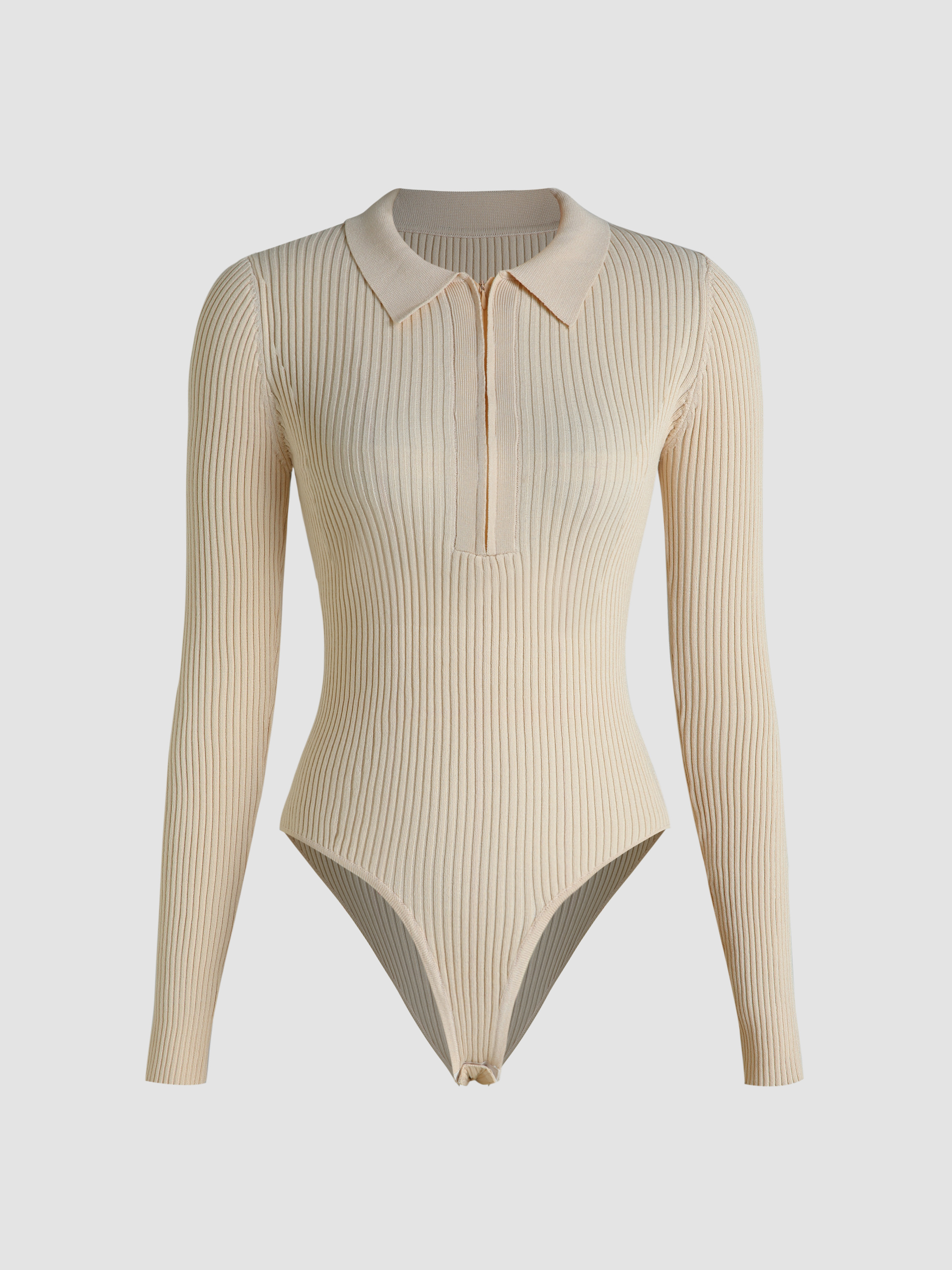 Solid Rib Zip Up Collar Knitted Bodysuit - Cider
