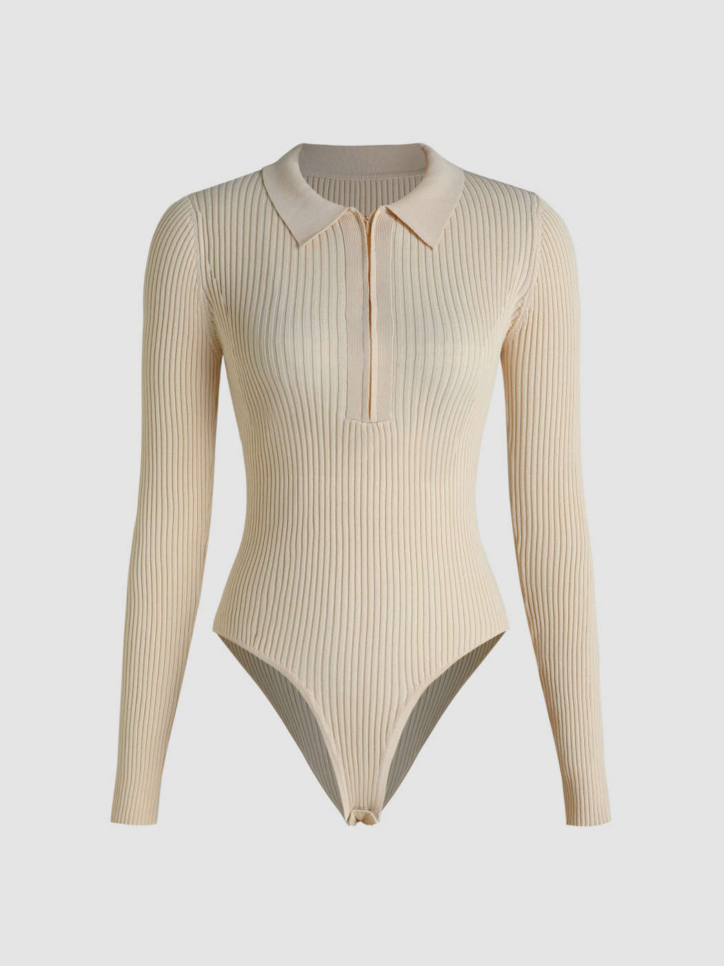 Solid Rib Zip Up Collar Knitted Bodysuit