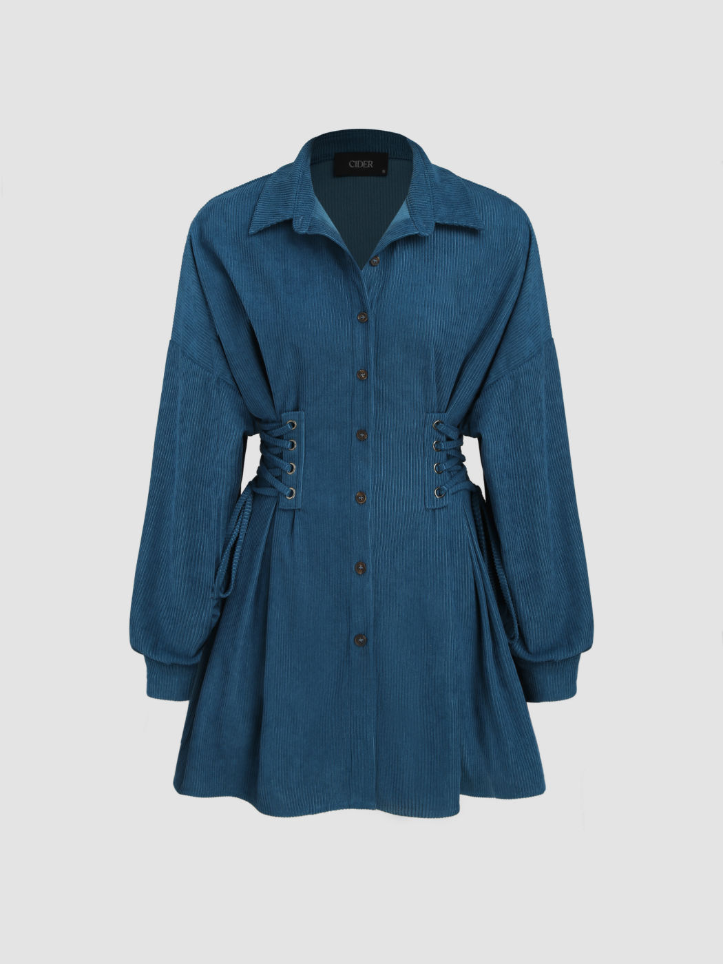 Corduroy Solid Lace Up Button Up Mini Dress