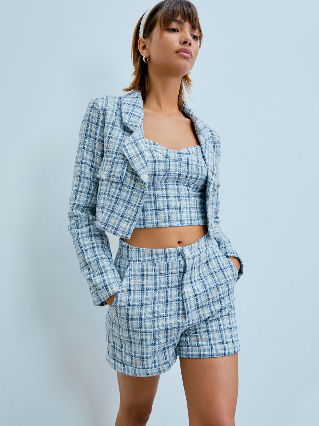 Tweed-Blazer mit Karokragen und Knöpfen