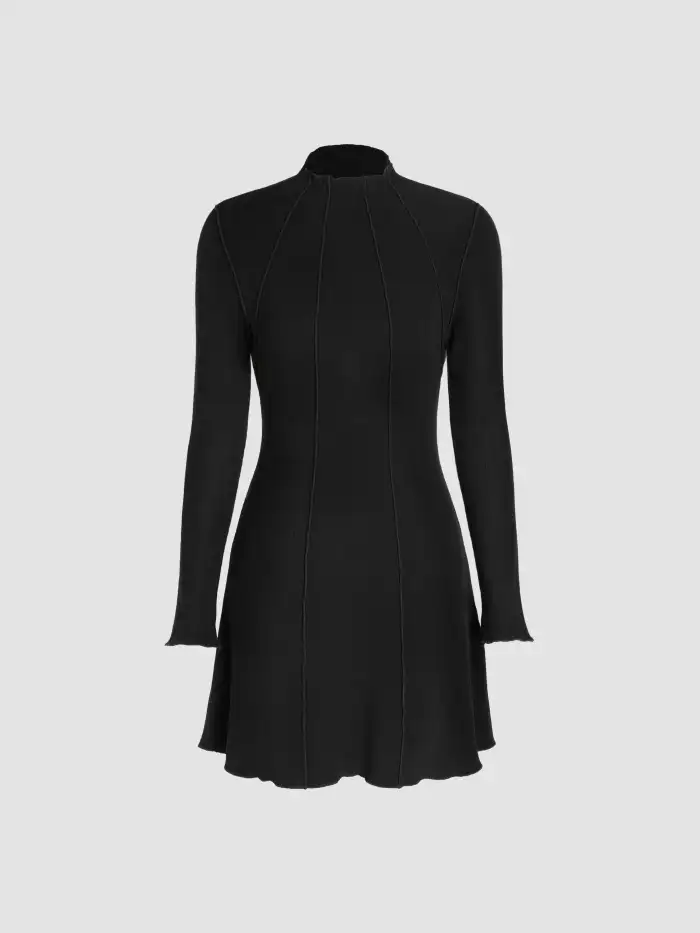 chinese dress ladies White Ribbed Knit Turtle Neck Long Sleeve Cut Out Dress main image 0