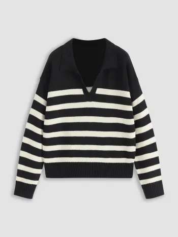 Striped Collar Knit Polo Top Curve & Plus