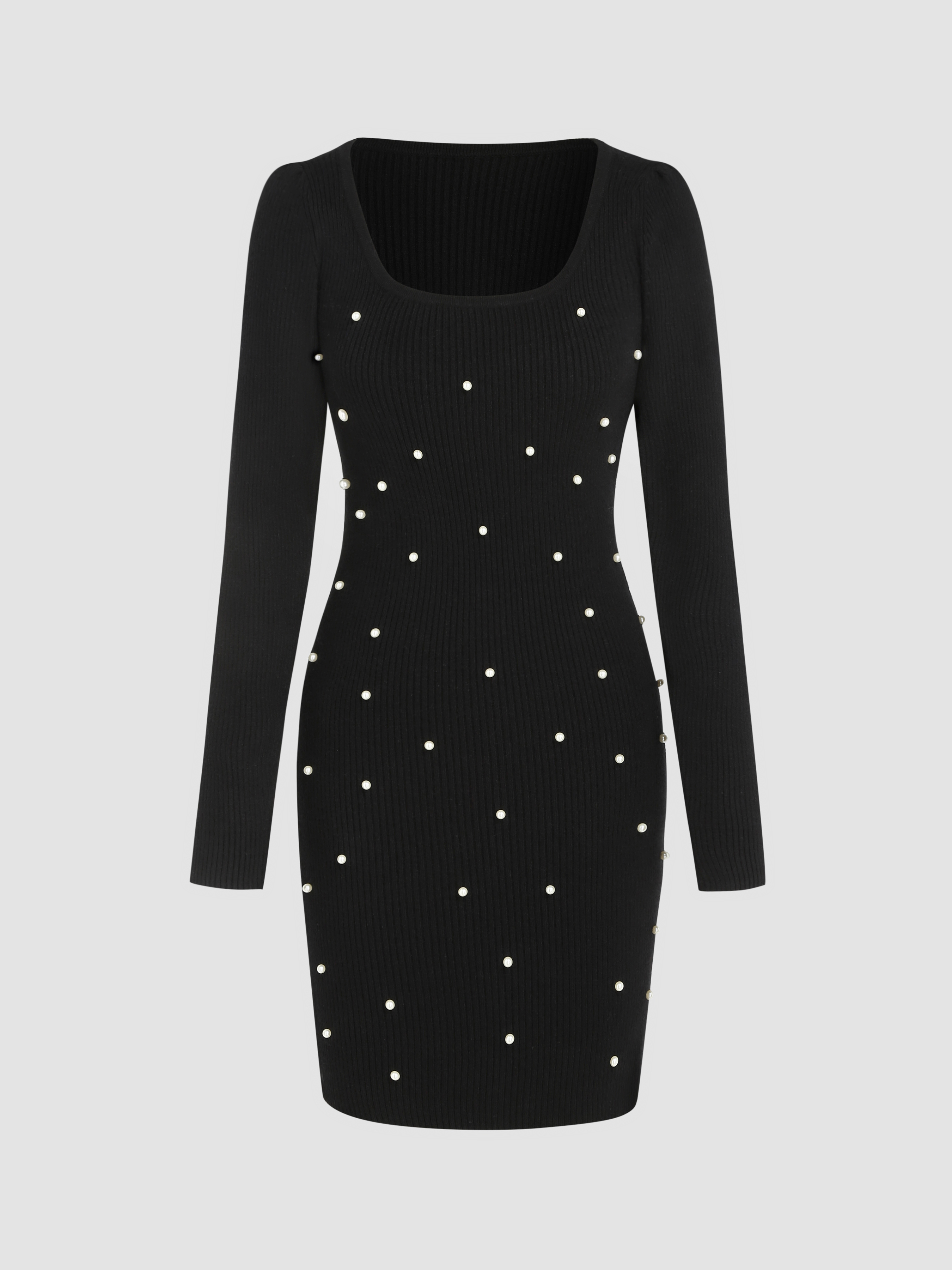 Knit Faux Pearl Long Sleeve Short Dress For Daily Casual Coffee Shop