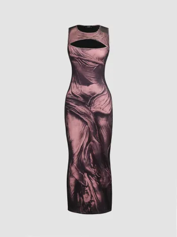 Maxi abito in maglia ritagliata con stampe trompe l'oeil