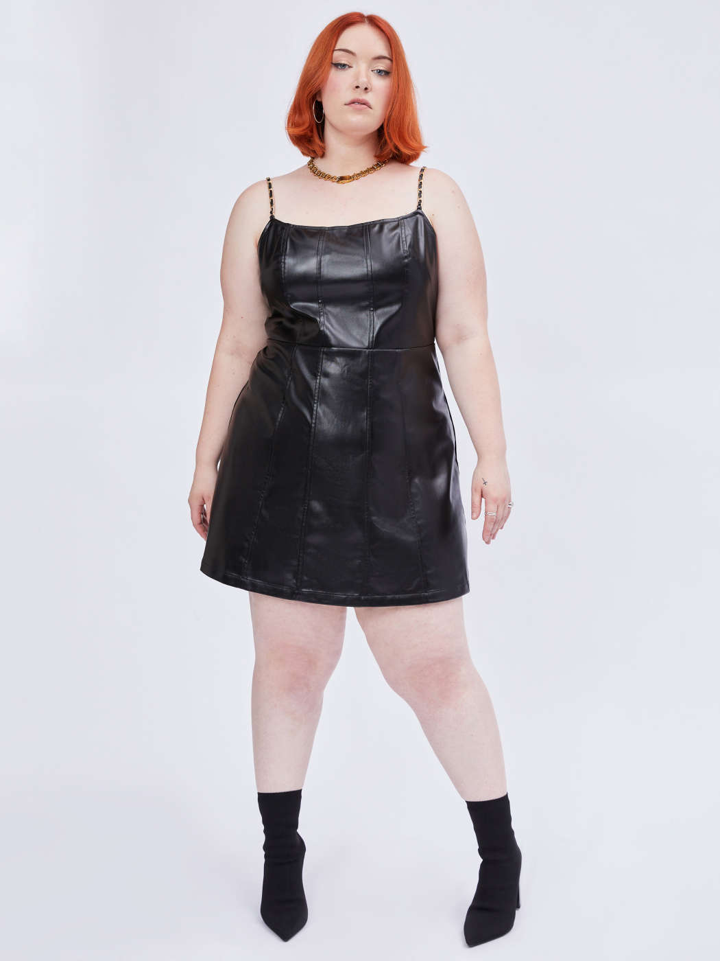 plus size leather dress Plus Size - Black Faux Leather Skater Dress