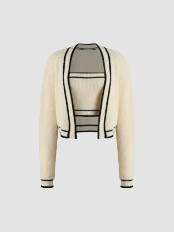 Top e cardigan senza spalline in maglia bicolore