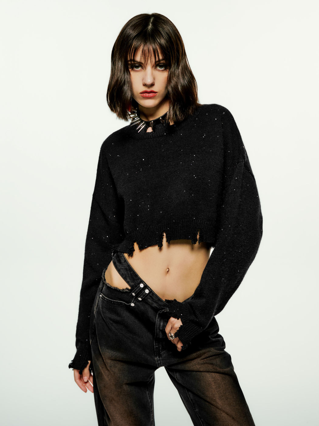 Solid Ripped Glitter Knitted Sweater