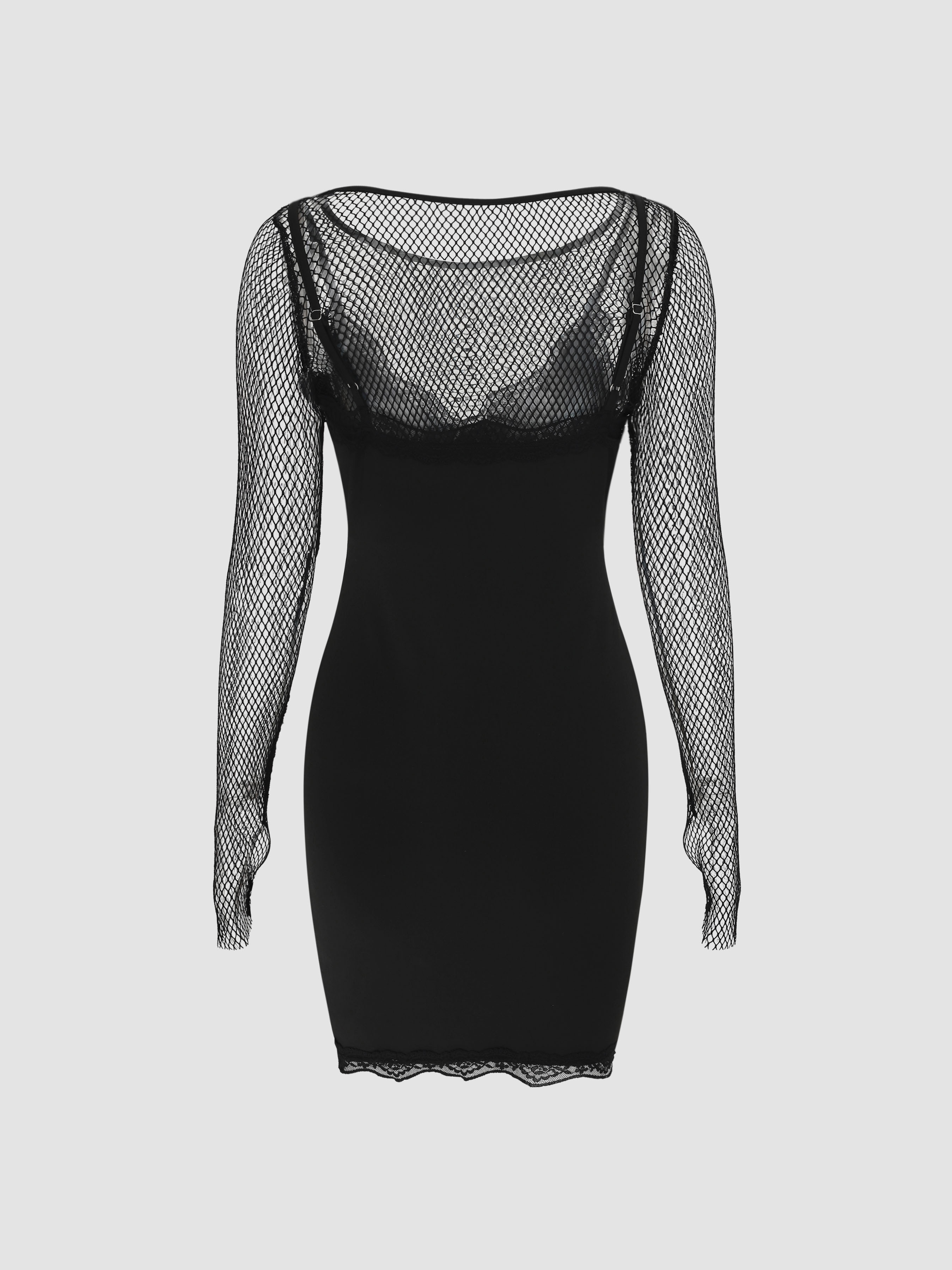 Knit Fabric Solid Long Sleeve Fishnet Top & Lace Trim Mini Dress For Party/Clubbing Music Festival/Live House Knit Fabric Solid Long Sleeve Fishnet Top & Lace Trim Mini Dress For Party/Clubbing Music Festival/Live House