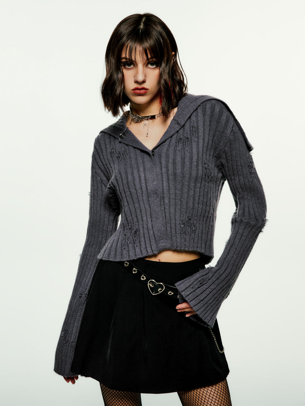Solid Ripped Bell Sleeve Knit Cardigan For School Daily Casual