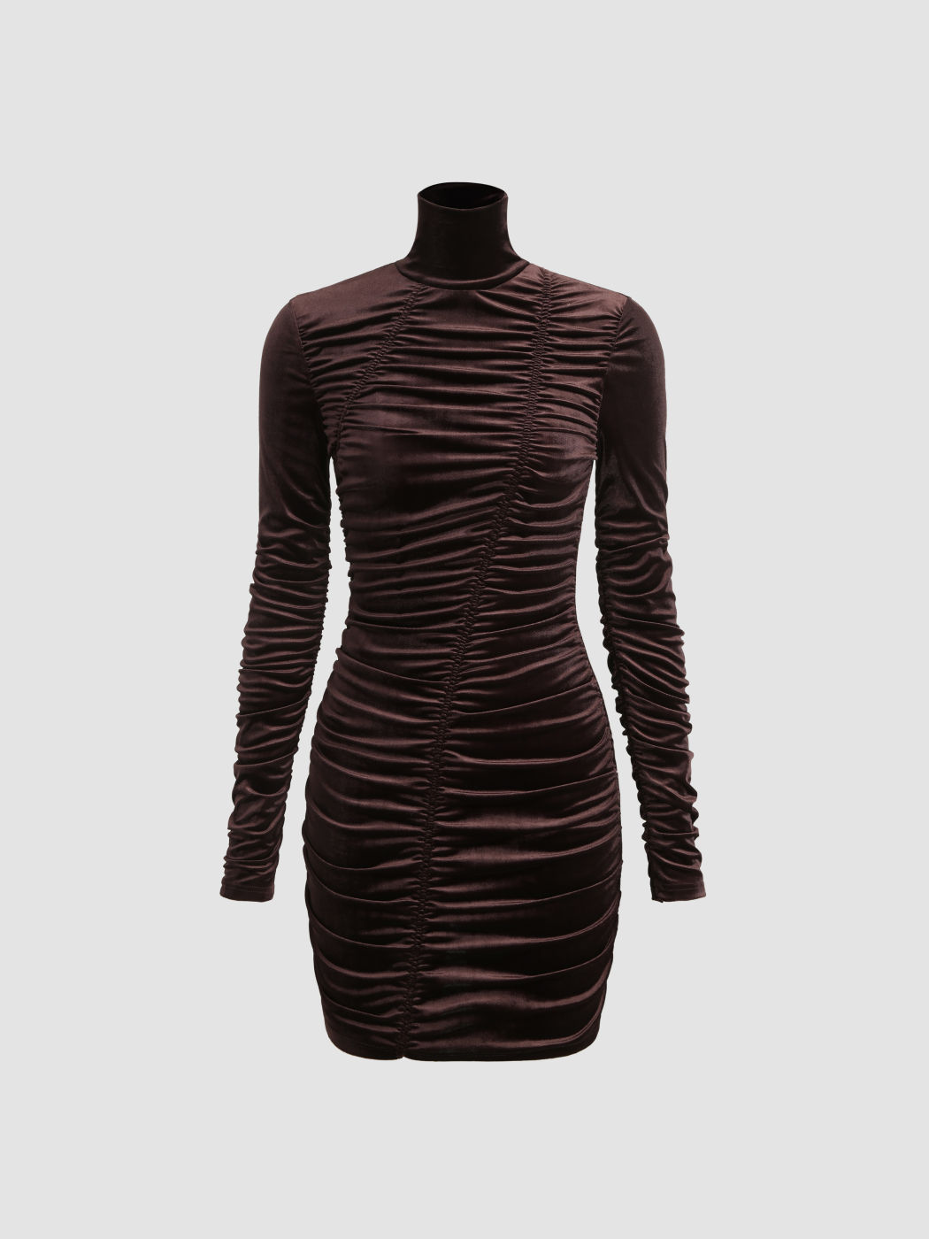  Vestido Midi de Terciopelo Sólido con Cuello Alto y Fruncido Cosido