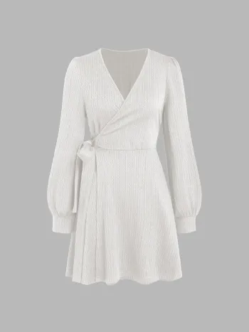 Unifarbenes V-Ausschnitt Gürtel Kurzes Kleid