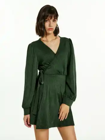 Solid V-neck Belted Short Dress